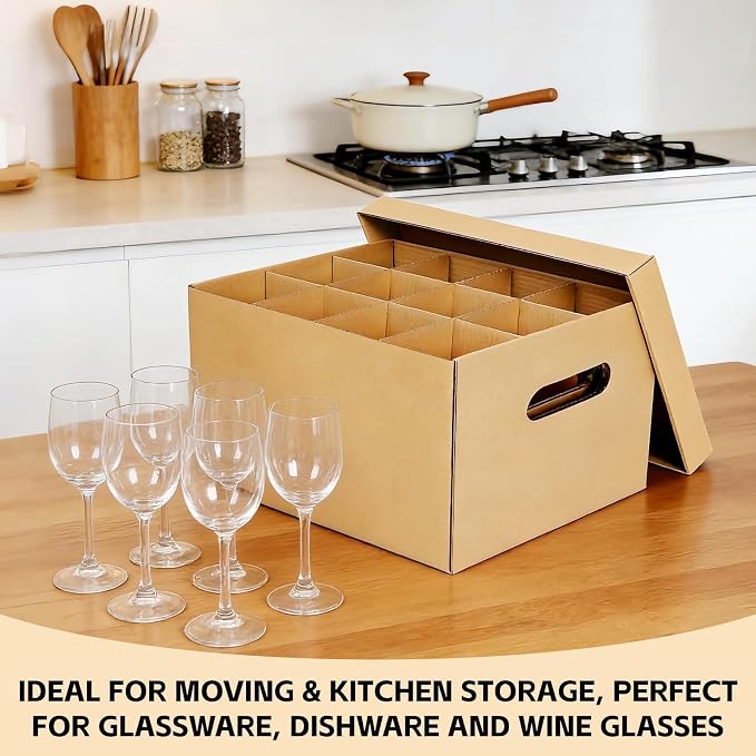 Wine Glass & Dish Moving Boxes, Glass Packing Boxes, Kitchen Storage Kit | 2 Pack, 15 x 12 x 10 In, Sturdy Corrugated Cardboard, with Ergonomic Handles & Secure Lids, for Glassware & Dishware, Brown