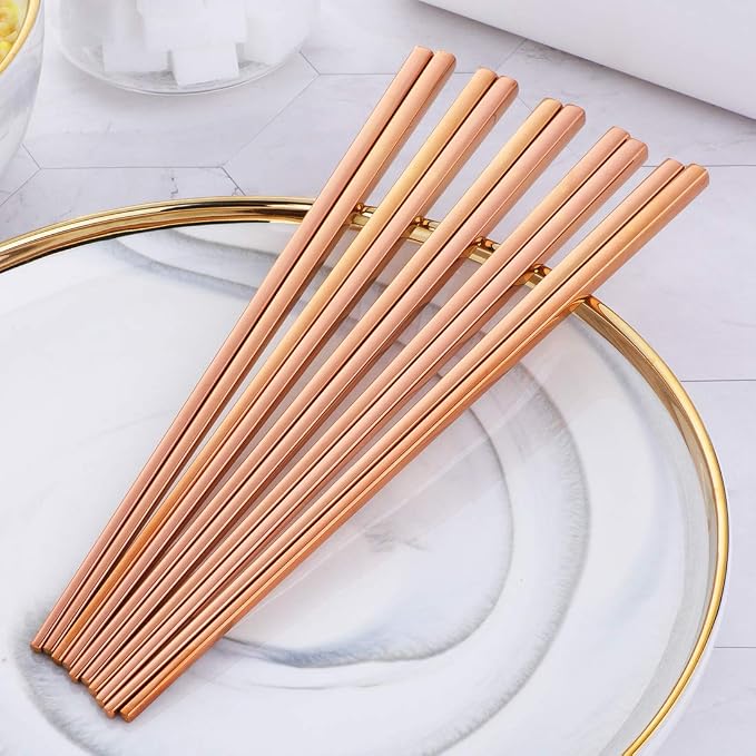 Buyer Star 5-Pair Stainless Steel Chopsticks - Reusable Rose Gold Chinese Square Chopsticks