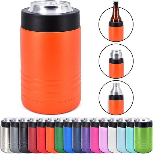 4-in-1 Stainless Steel 12 oz Double Wall Vacuum Insulated Can or Bottle Cooler Keeps Beverage Cold for Hours - Also Fits 16 oz Cans - Powder Coated Orange - Clear Water Home Goods