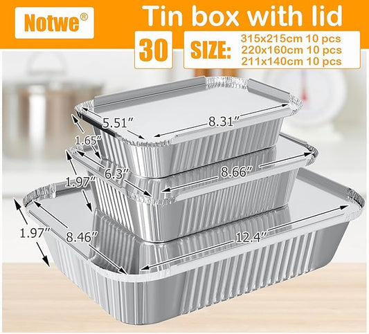 Notwoe® Disposable Aluminum Pans with Lids, 10x7.5 and 7.3x5.3 Square 6.9x4.3 Square Combo Set, Disposable Baking and Cake Pan. (L30 Pack w/Lids)