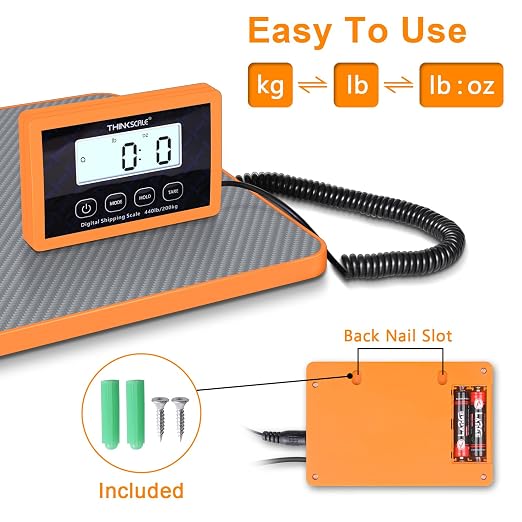 THINKSCALE Shipping Scale, 440lb, 10g/1oz Postal Scale, Hold/Tare | Carbon Fiber Platform – Anti-Slip & Lightweight, Backlit LCD Easy Read, for Packages & Mail. Battery + AC adapter included