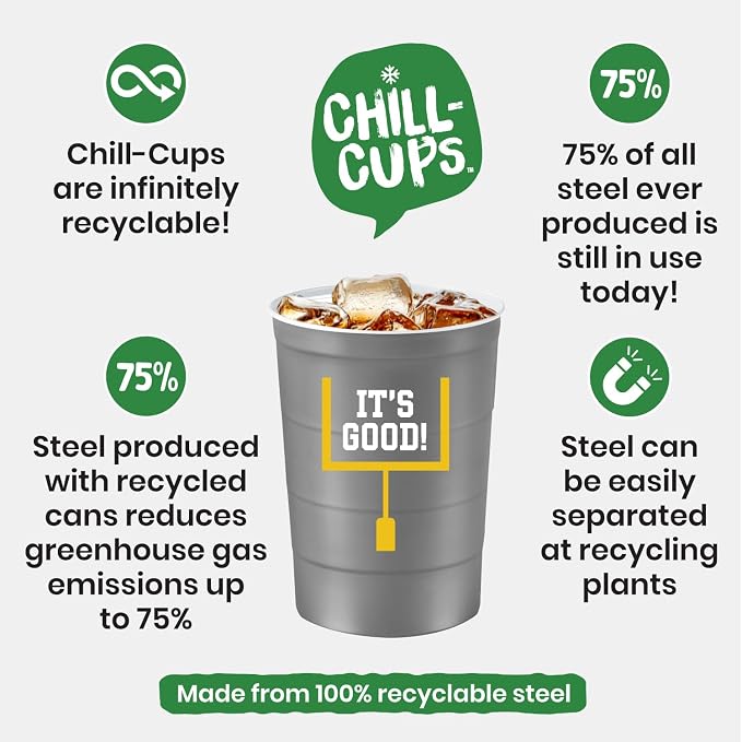 Steel Chill Cups 16 oz. Reusable Party Cups, Football, Gray, 12 Count | Made in USA from Steel these durable cups chill fast & keep your drink cold for longer, 100% recyclable for sustainablity