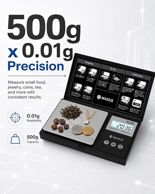 MAXUS Digital Pocket Gram Scale 500g x 0.01g High Precision with Tray, Weighs Small Food, Jewelry, Ounces, Grains, LCD Display, Tare Function