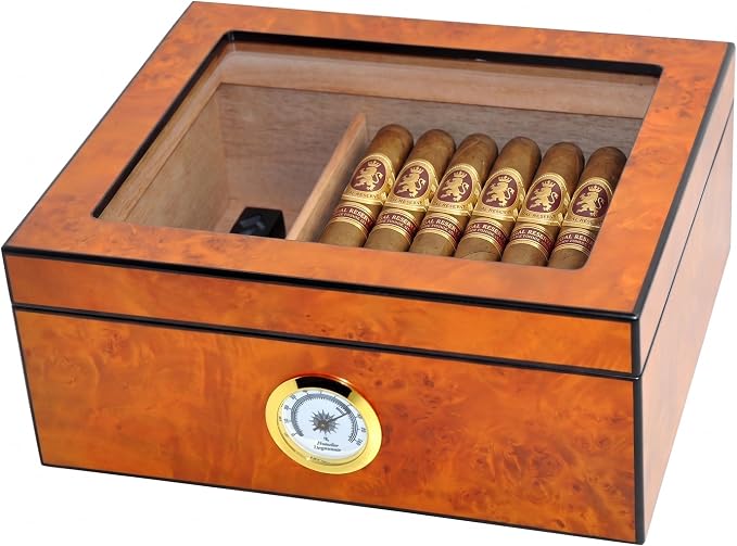 Cigar Humidor Case, Holds 25-50 Cigars, Tempered Glass Top Display, Handcrafted Spanish Cedar Wood Desktop Cigar Box with Divider, Humidifier, Hygrometer, Burlwood Blond,