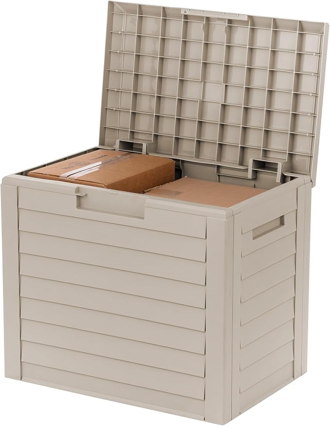 IRIS USA 35 Gallon Outdoor Deck Box, Lockable, Weather-Resistant, Beige | UV-Protected, Waterproof Resin, Patio Storage for Cushions, Garden Tools & Packages