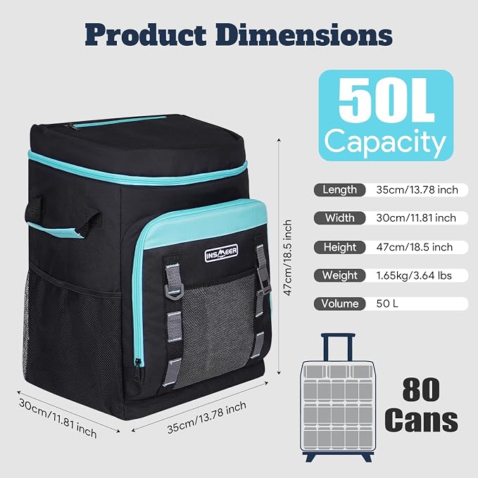 INSMEER Cooler with Wheels and Handle, 80 Cans/50L Rolling Cooler, Portable Soft Sided Cooler with Wheel, 2-in-1 Collapsible Trolley Cart, Large Coolerbag for Grocery Shopping