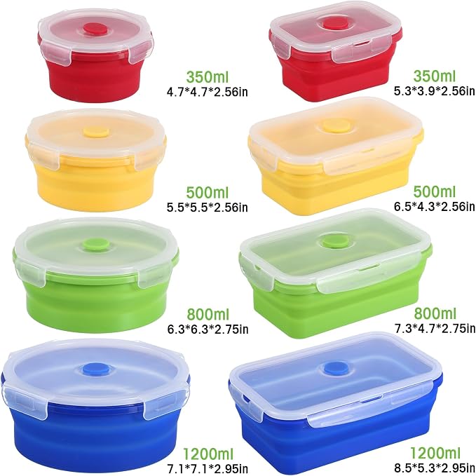 Yaomiao 16 Pack Collapsible Food Storage Containers with Lid Air Vent Foldable 8 Rectangle Storage Bowl and 8 Round Silicone Food Bow for Lunch Camping Rv Accessories Microwave Freezer(Bright Colors)