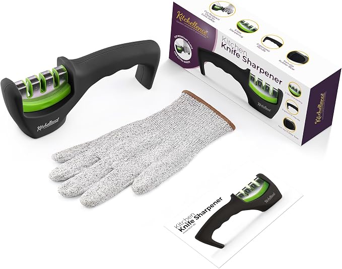 4-in-1 Kitchen Knife Accessories: 3-Stage Knife Sharpener Helps Repair, Restore and Polish Blades and Cut-Resistant Glove