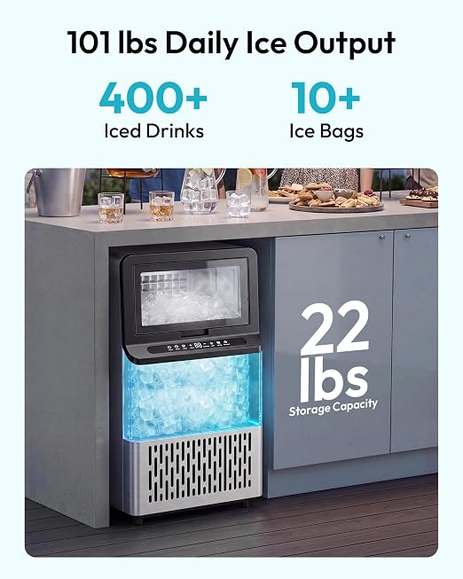 EUHOMY Commercial Ice Maker Machine, 101lbs/24H, Stainless Steel Under Counter Ice Maker with 22lbs Storage, Self-Cleaning, Freestanding Ice Machine for Home/Bar/Cafe/Restaurant