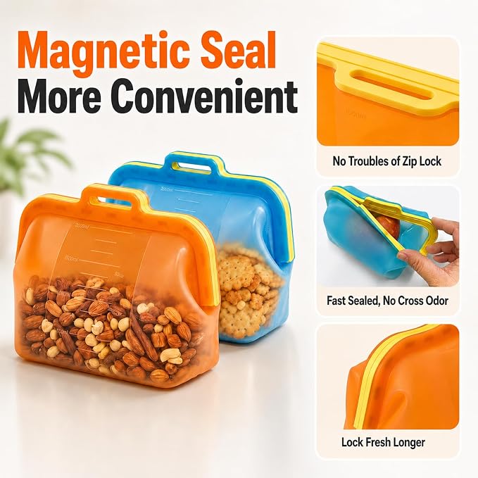 Magnetic Seal Reusable Silicone Food Storage Bag, 68 oz, NUZEAK | Magnetic Fast Seal, Stand-Up Freezer Bag for Food, Fruit, Snacks, Sandwiches and Meal Prep, Dishwasher Safe, 1 Pack