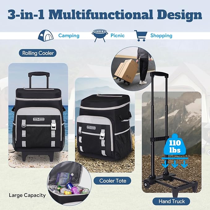INSMEER Cooler with Wheels and Handle, 80 Cans/50L Rolling Cooler, Portable Soft Sided Cooler with Wheel, 2-in-1 Collapsible Trolley Cart, Large Coolerbag for Grocery Shopping