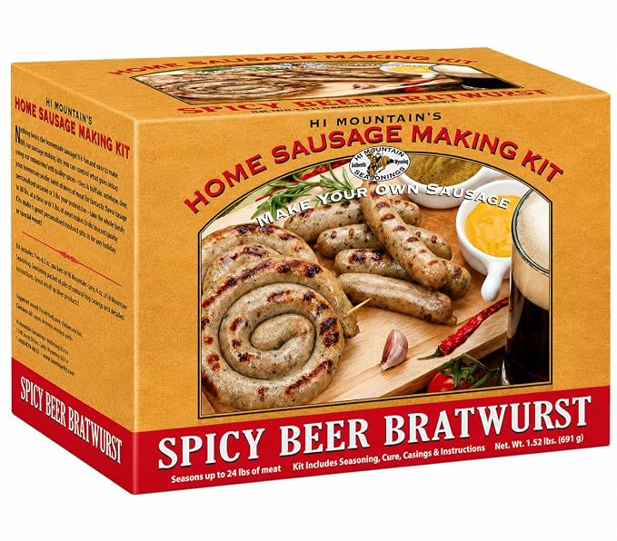 Hi Mountain SPCIY BEER BRATWURST Kit | Makes up to 24 lbs | Complete bratwurst seasoning kit with cure, natural hog casings & directions. Perfect for pork, beef, venison, deer, & elk