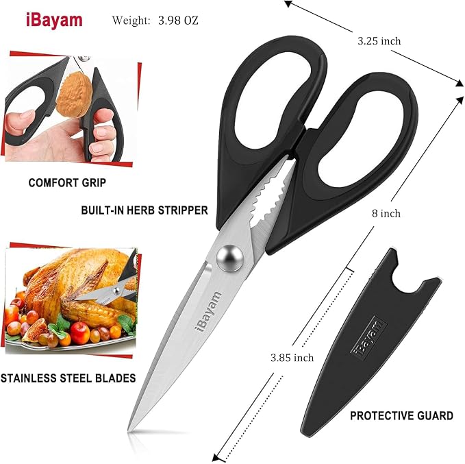 Small Kitchen Scissors 8-inch, iBayam 2 Pack Kitchen Shears All Purpose | Meat Scissors Poultry Shears, Dishwasher Safe Food Cooking Scissors Heavy Duty Stainless Steel Utility (Black, Aqua Sky)