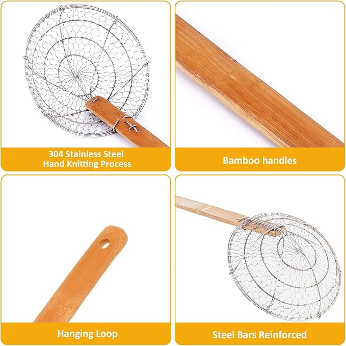 Stainless Steel Spider Strainer Asian Kitchen Wire Food Cooking Skimmer With Natural Bamboo Handle, 6-Inch, Hand-Made