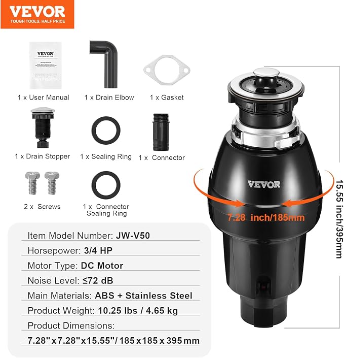 VEVOR Garbage Disposal, 3/4HP 3250RPM DC Motor, Continuous Feed Food Waste Sink Disposer, EZ Connect Food Waste Grinding System with Sound Reduction, Power Cord and Splash Guard, for Kitchen