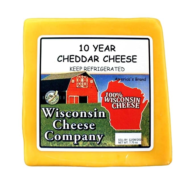 Wisconsin Cheese Company – Aged Cheddar Cheese and Crackers Gift Box – Includes Three, Five, Eight & Ten Year Aged Cheddar – Charcuterie Board Gift Set (Four 7.5 oz Blocks)