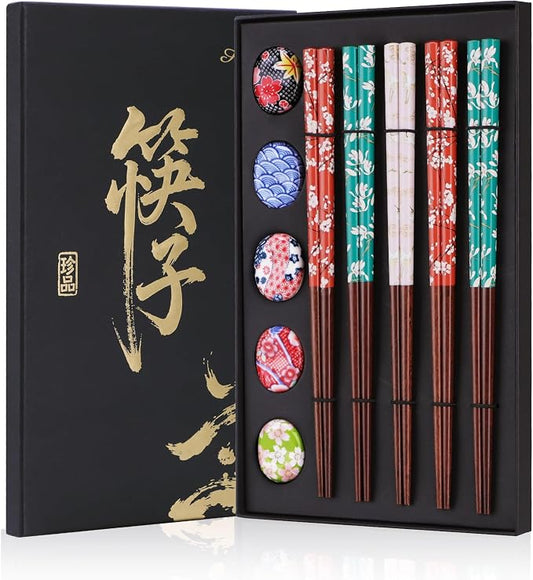 Antner 5 Pairs Reusable Wooden Chopsticks and Ceramic Rests Set, 8.8 Inch/22.5cm Classic Japanese Style Chopsticks with Holders for Ramen Sushi Asian Cuisine Lovers, Black Elegant Gift Box