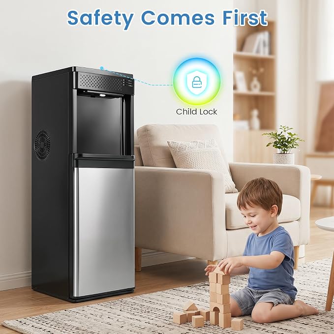 COSTWAY Water Dispenser with Ice Maker, 3 in 1 Bottom Loading Water Cooler for 5-Gal Bottle, Stainless Steel Hot and Cold Water Dispenser, 9 Cubes/7 Min, 33 LBS/24H Bullet Ice Cubes, Child Lock