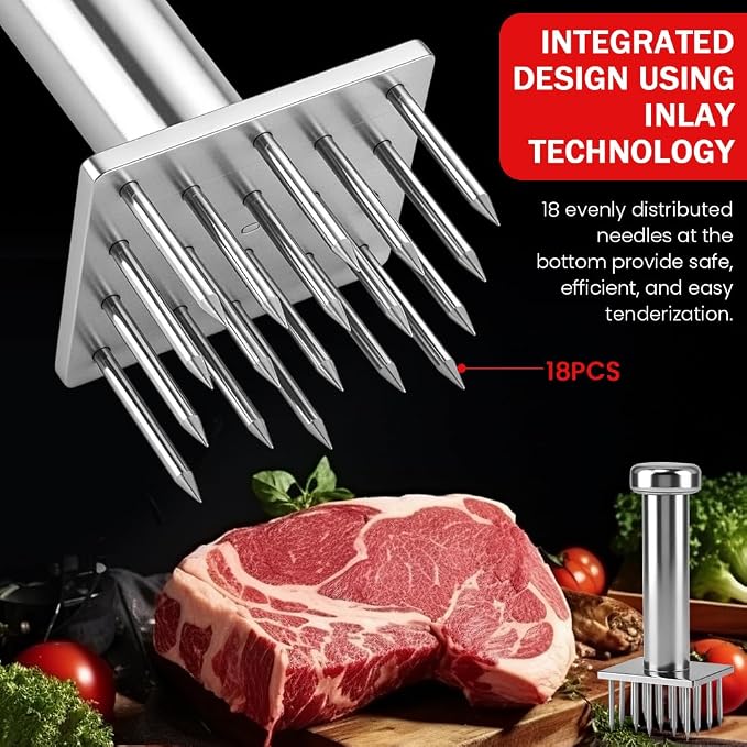 Meat Tenderizer Tool with 18 Sharp Needles, Stainless Steel Meat Tenderizer Mallet One-Piece Design, Easy Grip Meats Mallet Hammer for Tenderizing Chicken Beef Pork