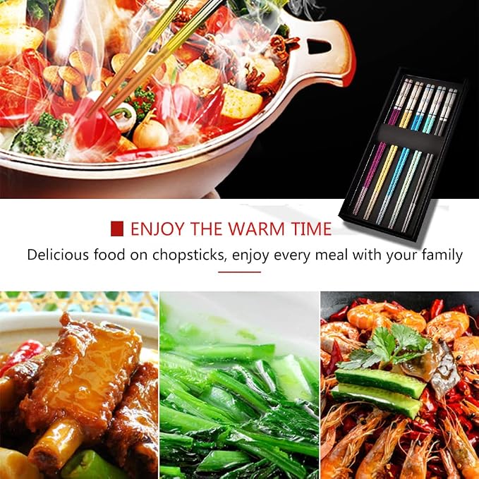 5 PaIrs Color 316 Stainless Steel 18/10 Reusable Chopsticks Set With Case Rainbow Multicolor Non-Slip Chopsticks Black Purple Gold Colored Blue For Dining Sushi Noodle Hot Pot,Dishwasher Safe