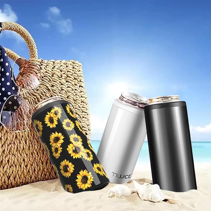 TILUCK Skinny Can Cooler, Stainless Steel Insulated Slim Cans, 12 oz | Beer & Hard Seltzer, Doucle-Walled Stainless Steel Insulated Slim Cans, Slim 12 oz(Sunflower)
