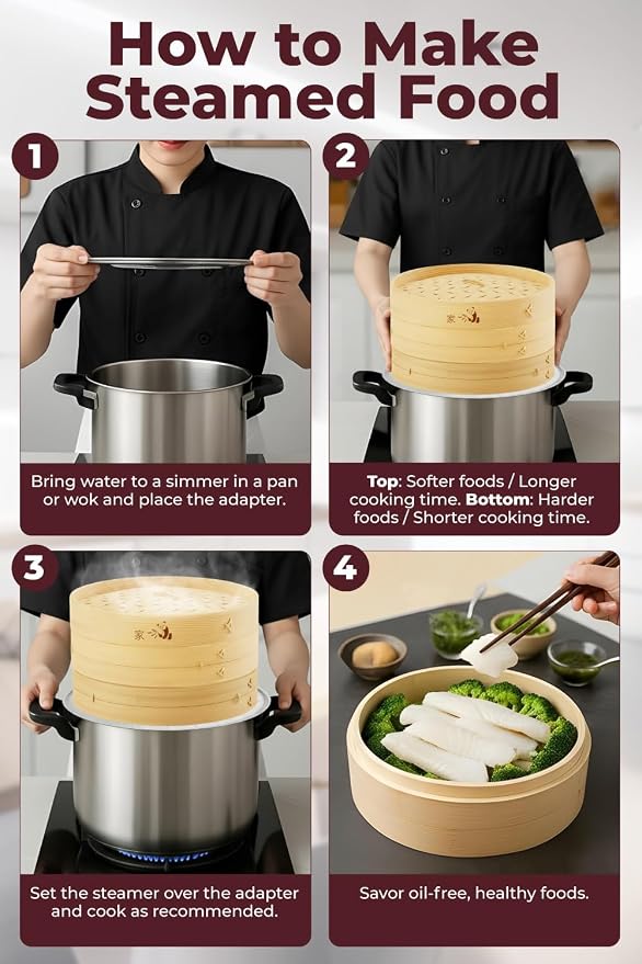 Bamboo Steamer Basket - Cook Delicious Meals with Authentic Flavor at Home | 8 Inch, 2 Tiers + 50 Liners - Compact Basket Steams Bao, Dumplings, Rice and Vegetables Together while Saving Kitchen Space