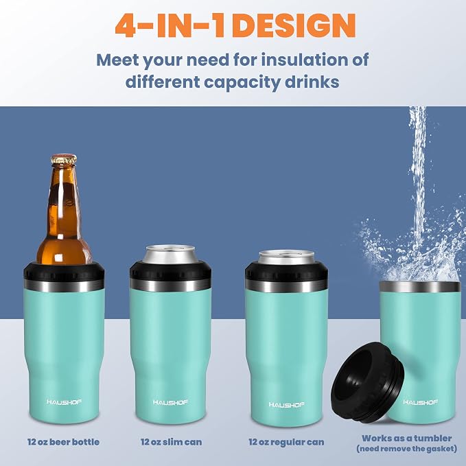 HAUSHOF 4-in-1 Insulated Can Cooler Fits 12oz Cans & Beer Bottle, Lake Blue | Double-Wall Vacuum Insulated, 18/8 Stainless Steel, BPA-Free Lid, Slim Can Cooler for Camping, Beach & Picnic