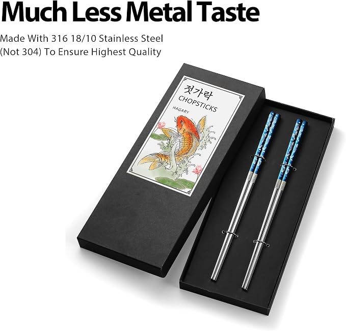 Hagary Carp Reusable Chopsticks Square Metal Stainless Steel 316 18/10 Non-Slip Dishwasher Safe Designed In Korea Japanese Style (Blue - 2 Pairs)