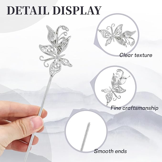 Lawie 10 Pack Silver Hair Sticks Flower Leaf Decorative Metal Long Hair Pins Bun Holders Chopsticks for Hair Chinese Hanfu Costume Retro Vintage Fancy Headpieces Accessories for Women Girls