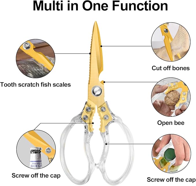 CGBE Kitchen Scissors, Multi-Purpose Kitchen Shears, Heavy Duty Food Scissors for Chicken, Poultry, Fish, Meat & Herbs with Non-Slip Grips - Transparent Gold