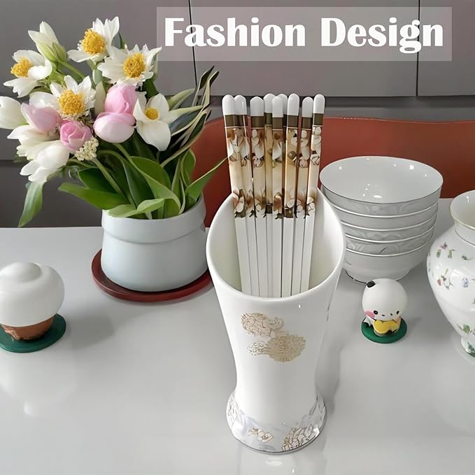 Ceramic Chopsticks Reusable,5 Pairs Porcelain Chop sticks,Camellia,9.7'' | Easy to Clean,Dishwasher Safe,Heat Resistant,with a Gift case,Cooking Chopsticks,High-grade Bone China Porcelain