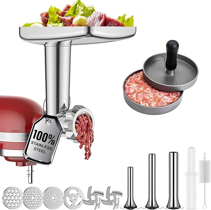 GVODE Stainless Steel Meat Grinder for KitchenAid Mixer, with Burger Press | Dishwasher Safe, Meat Grinder Attachment for KitchenAid Stand Mixer Includes 4 Grinding Plates, 3 Sausage Tubes, 2 Blades