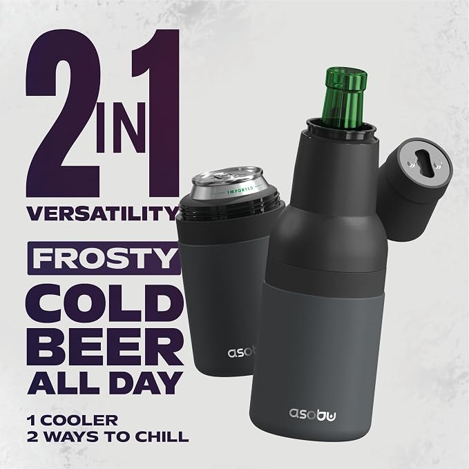 Asobu Frosty Beer Holder 2 Go Vacuum Insulated Double Walled Stainless Steel Beer Can and Bottle Cooler with Beer Opener, Bpa Free, Fits Standard 12oz Bottles & Cans, Gift for Beer Lovers (Smoke)