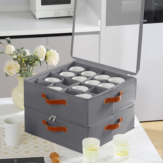 Foyego Cup and Mug Storage Box, Grey | 16 Adjustable Dividers, Hard Shell, with Transparent Lid, 3 Handles, Zippers, Stackable Storage Organizers for Packing&Moving