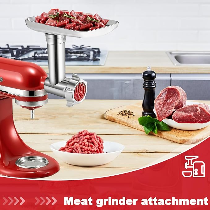 Meat Grinder Attachment for KitchenAid Stand Mixer – Metal Food Grinder with 4 Grinding Plates, 3 Sausage Stuffer Tubes & 2 Blades – Compatible with KitchenAid Mixers (Mixer Not Included)