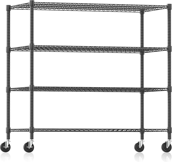 Himimi Storage Shelves 60" W Wire Shelving with Wheels 2600LBS Heavy Duty Metal Shelves for Storage, 4-Tier Adjustable Wire Rack Shelving Garage Shelving Kitchen Storage Shelves 24" Dx60 Wx72H, Black