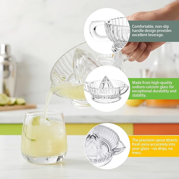 Glass Lemon Squeezer Citrus Juicer Reamer | Heavyweight Glass Orange Lime Juicer with Handle & Pour Spout, Dishwasher Safe for Fresh Juice, Cocktails & Cooking