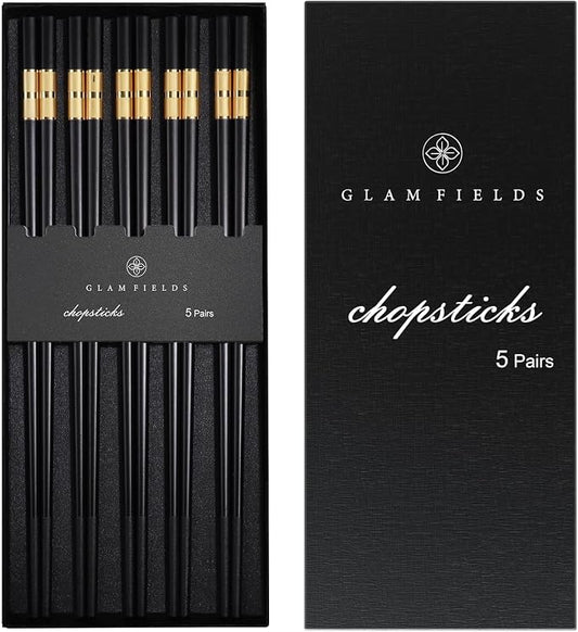 GLAMFIELDS 5 Pairs Premium Chopsticks Reusable Dishwasher Safe 9.5 Inch Fiberglass Chop Sticks Gift Set Non Slip Black+Gold