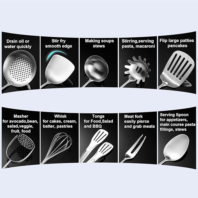 Stainless Steel Kitchen Utensils 13 PCS All Metal Set for Cooking | Food-grade 304;Dishwasher Safe;Made To Last;Meets All Needs;Great Choice for Gifts