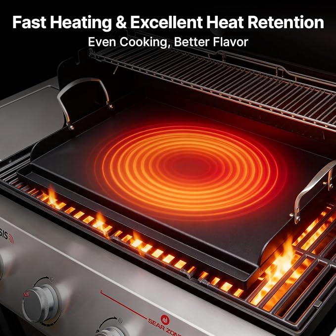 25"x16" Nonstick Cast Iron Griddle for Gas Grill - 23lb Heavy Duty - Universal Flat Top with Reinforced Ridges & High Sidewalls, Fits Gas/Charcoal Grills (Weber, Charbroil, Nexgrill)