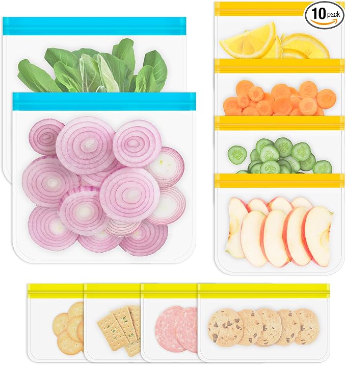 10 Pack Reusable Gallon Freezer Bags, Multicolor | Dishwasher Safe Silicone Food Snack Storage Bags with 3 Sizes for Snack, Sandwich, Lunch