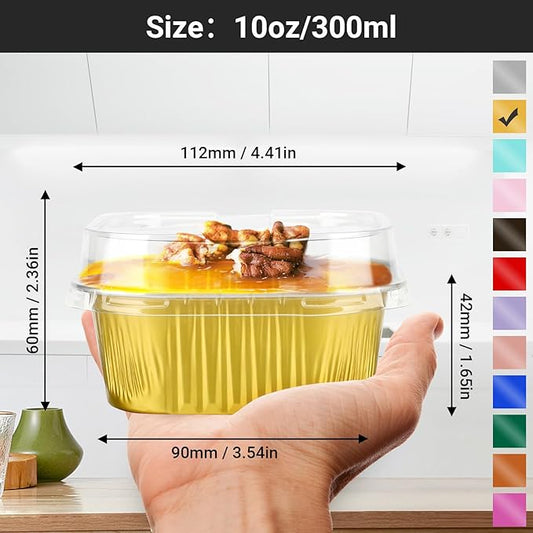 EUSOAR Baking Cups Aluminum Foil, 10oz 50pcs Reusable Disposable Ramekins Cupcake Cups with Lids, 300ml Square Muffin Liners, Desserts Flans, Creme Brulee Cups, Pudding Cups, Catering Party Favor-Gold