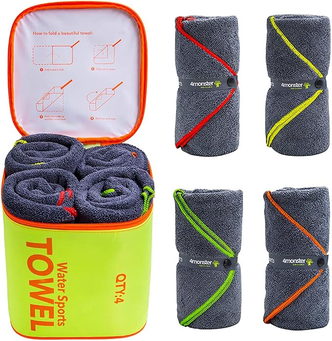 4Monster 4-Pack Quick Dry Microfiber Travel Towels – Super Absorbent, Ultra-Soft Camping Towel Set with Water-Resistant Bag, Lightweight & Compact for RV, Gym, Beach, Pool, Swimming, and Family Trips
