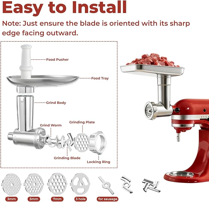 Meat Grinder & Meat Tenderizer Attachments Compatible with KitchenAid Stand Mixer, 3 Adjustable Thickness - Includes 4 Grinding Plates, 3 Sausage Stuffer Tubes & Burger Press