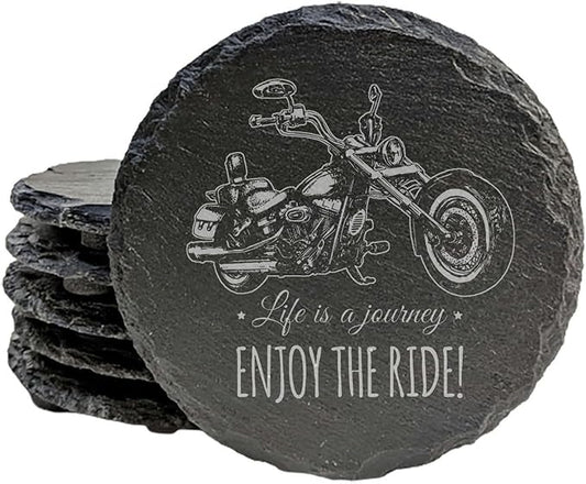 Coast in Style: Rustic Slate Coasters with Motorcycle Design - Round Slate - Set of 8