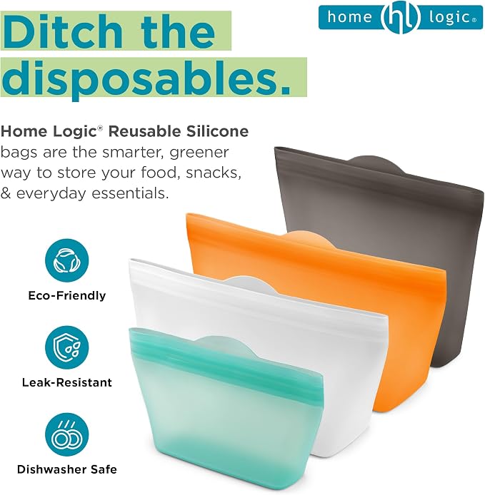 Home Logic Reusable Snack Bags - Set of 6 Alloy Grey Silicone Freezer Bags, Airtight Leak Resistant Reusable Zip Bags for Kitchen Home Food Prep, Microwave & Sous Vide Safe