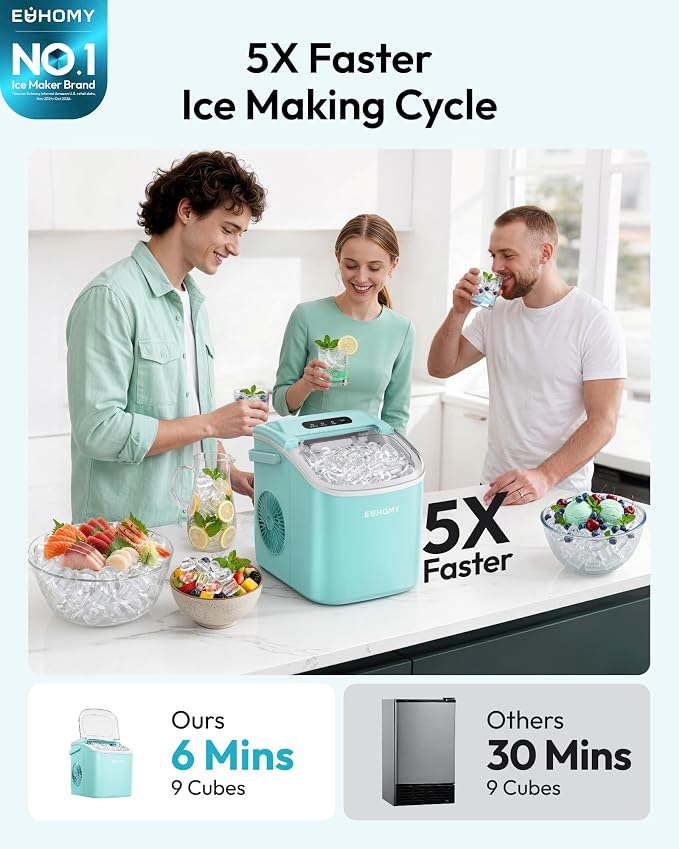 EUHOMY Countertop Ice Maker Machine with Handle, 26lbs Per Day, 9 Ice Cubes Ready in 6 Mins, Auto-Cleaning Portable Ice Maker with Basket and Scoop, for Home/Kitchen/Camping/RV (Green)