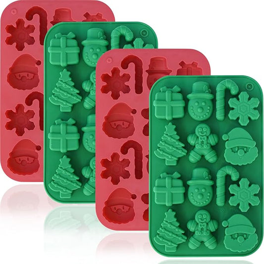 HKNMTT Christmas Silicone Chocolate Molds, 4 PCS Candy Baking Moulds, 3D Snowflake Cane Snowman Xmas Tree Gingerbread Man Santa Claus Gift Box Shape Mold for DIY Handmade Soap Candles Jello