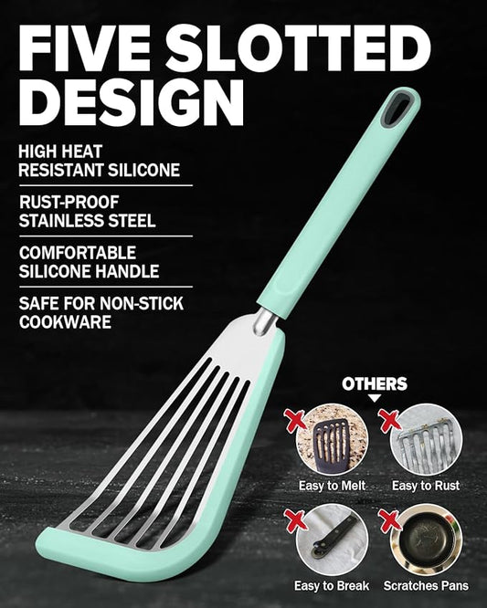 Silicone Fish Spatula Turner Set of 2, Thin Slotted Spatulas Turner for Nonstick Cookware,Heat Resistant Flexible Stainless Steel Kitchen Cooking Spatula Flipper for Fish, Egg, Pancake (RGN)