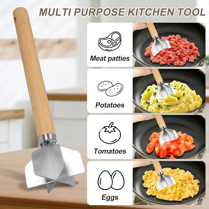 304 Stainless Steel Meat Chopper Wooden Meat Chopper 6 Curve Blades Meat Masher Ground Beef Chopper Tool 11 Inch Metal Meat Masher for Making Ground meat, Mashed potatoes, Jam